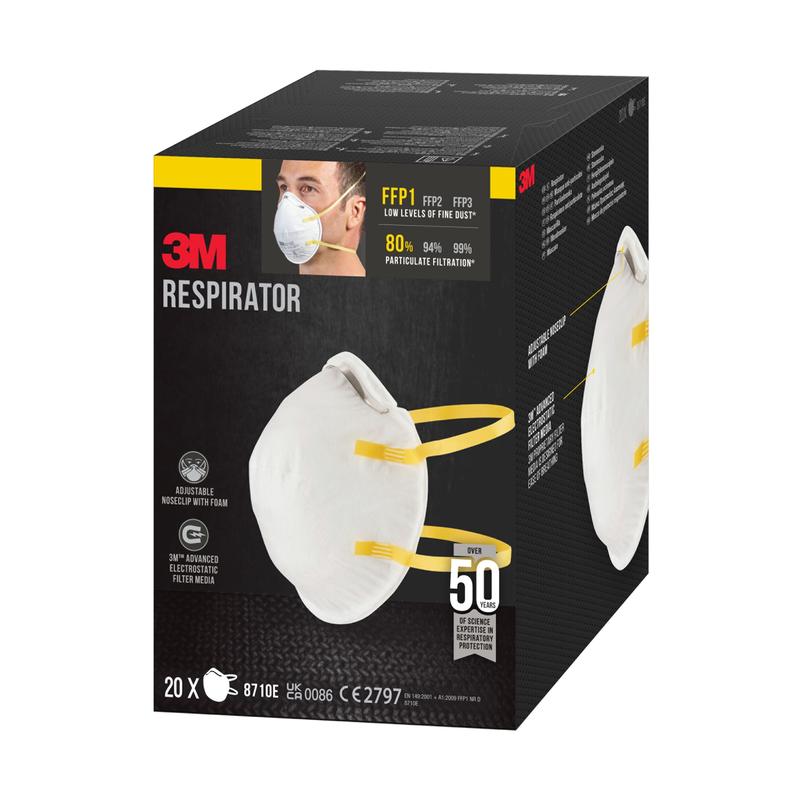 Pudełko maski cząsteczkowej 3M™ 8710E, FFP1, bez zaworu od 3M Deutschland GmbH zawiera 20 masek z filtracją 80%. Opakowanie przedstawia maskę i osobę ją noszącą.