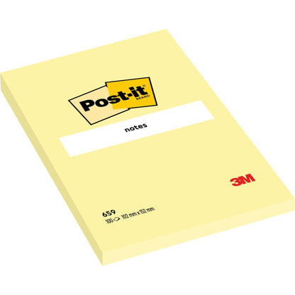 Żółta karteczka Post-it® w dużym formacie (101 x 152 mm) firmy 3M Deutschland GmbH z logo Post-it, napisem "notes" i czerwonym logo 3M w prawym dolnym rogu.
