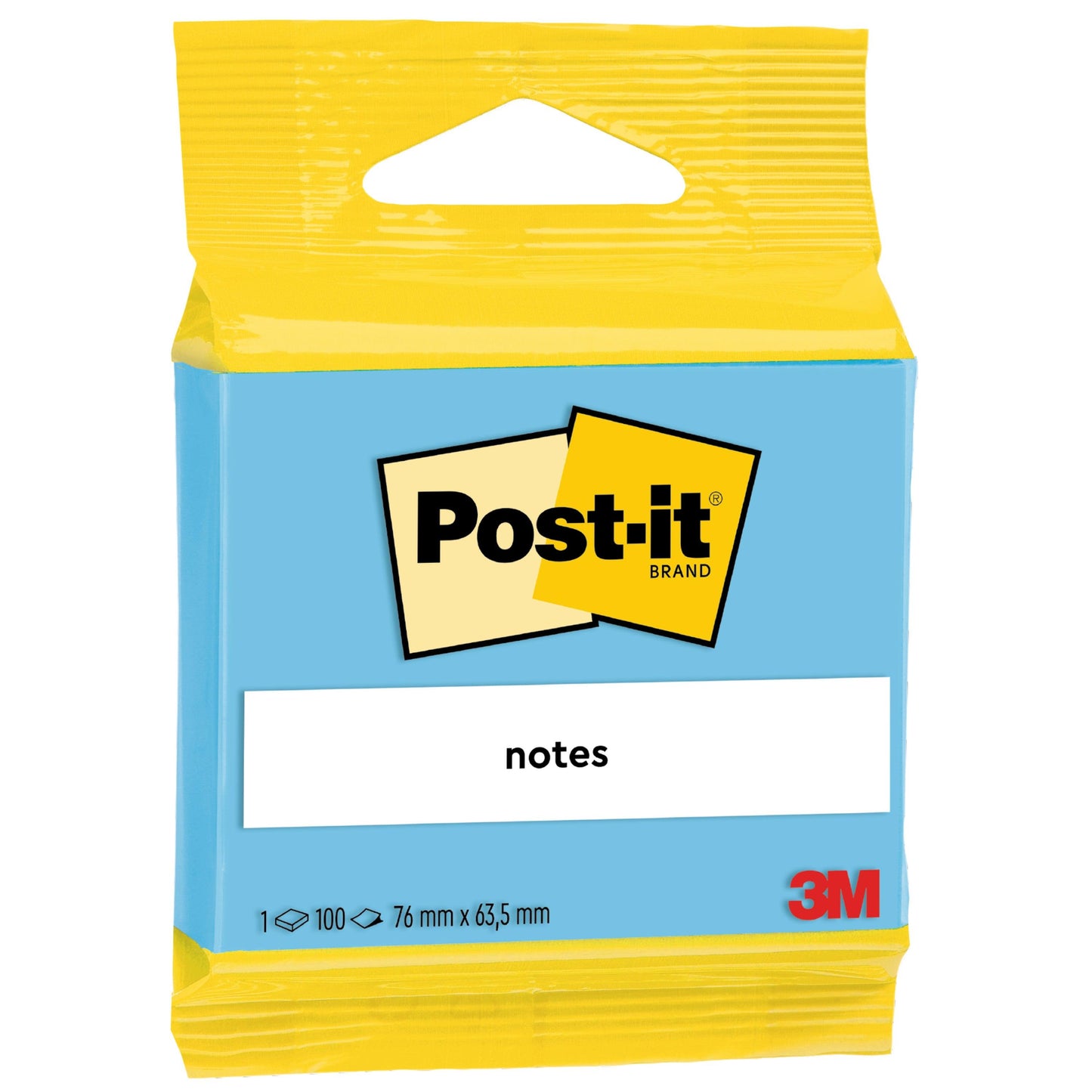 Opakowanie karteczek samoprzylepnych Post-it® Notes od 3M Deutschland GmbH, 100% PEFC, zawiera 100 arkuszy w formacie 63,5 mm x 76 mm i jest zaprojektowane w kolorach żółtym i niebieskim z logo Post-it.