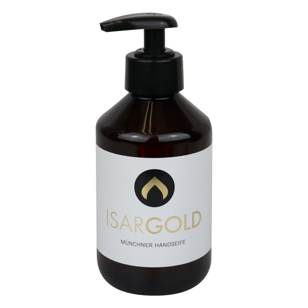 Ciemnobrązowa plastikowa butelka z pompką o pojemności 250 ml Dr. Schnell mydła do rąk ISARGOLD, jakość monachijska, od DR.SCHNELL GmbH & Co. KGaA, z białą etykietą i czarno-złotym logo, idealna do higieny osobistej i wrażliwej skóry.
