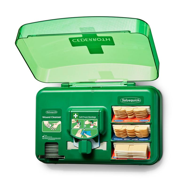 Der Orkla Wound Care AB Auslaufartikel: Cederroth "Cederroth" Wound Care Dispenser (20,3×30,6×15,5 cm, grün) ist ein kompakter Erste-Hilfe-Kasten, der Wundreinigungspackungen, selbstklebende Schaumstoffverbände und Pflaster in separaten Fächern organisiert.