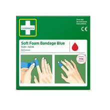 Eine grüne Schachtel mit der Aufschrift "Cederroth soft foam binde blau 3x450cm | Packung (1 Stück)" von Orkla Wound Care AB zeigt Abbildungen von Händen, die eine blaue Binde anlegen. Auf der Schachtel sind ein weißes Kreuz und ein rotes Tropfensymbol abgebildet.