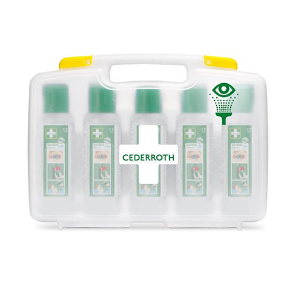 Die Cederroth Augenspülung (5x500ml) im tragbaren Etui von Orkla Wound Care AB bietet fünf Flaschen im transparenten Koffer mit gelbem Griff - perfekt gekennzeichnet und ideal für die Augenspülung am Arbeitsplatz. REF 7255 ersetzen | Packung (1 Stück).