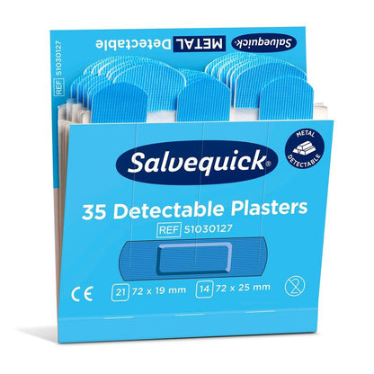 Eine geöffnete Schachtel Orkla Wound Care AB Blauer detektierbarer Pflaster (35 Stück/Mine, 6er Packung) zeigt blaue metalldetektierbare Pflaster, ideal für die Lebensmittelindustrie, mit deutlich beschrifteten Größen und Mengenangaben.