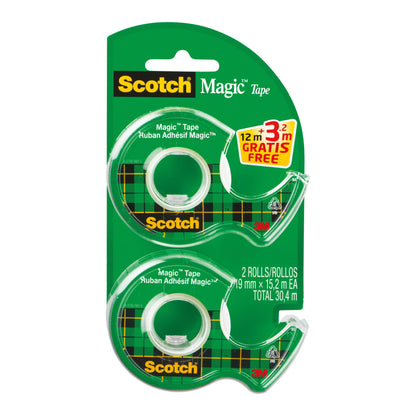Opakowanie 3M Deutschland GmbH Scotch® Magic™ Niewidzialna Taśma zawiera 2 rolki (19 mm x 12 m + 3,2 m gratis) i przezroczysty dyspenser o łącznej długości 30,4 m, zapakowane na zielonym nośniku.