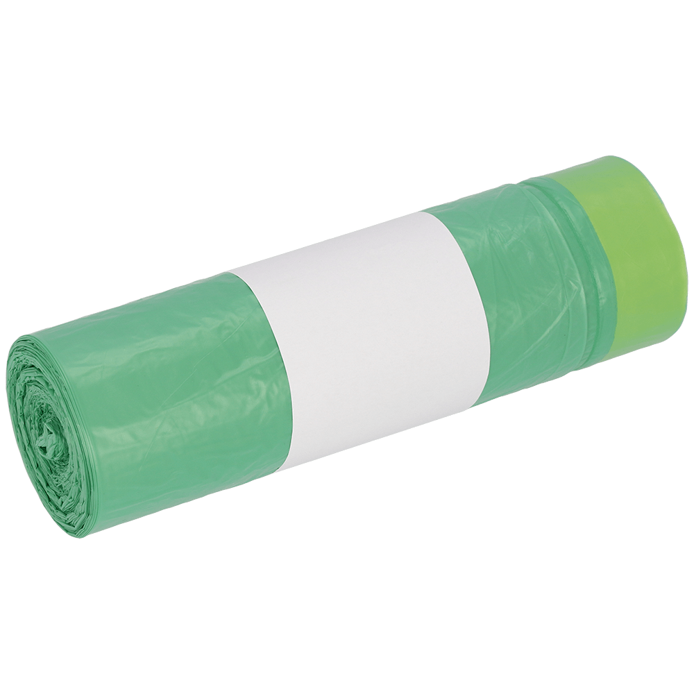 Na zdjęciu znajduje się rolka zielonych worków na śmieci DEISS 52801 (20 sztuk) od EMIL DEISS KG (GmbH + Co.) z białą etykietą na środku na białym tle.