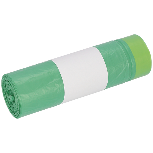 Abgebildet ist eine Rolle DEISS 52801 grüner Müllbeutel (20 Stück) der EMIL DEISS KG (GmbH + Co.) mit einem weißen Blanko-Etikett in der Mitte auf weißem Grund.