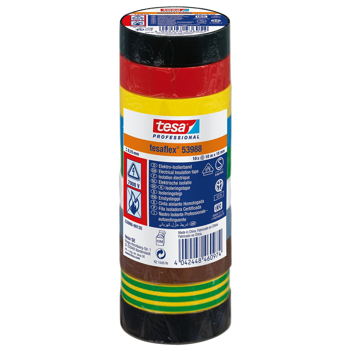 tesa Professional 53988 Isolierband 7000V farbig sortiert, 10 m x 15 mm