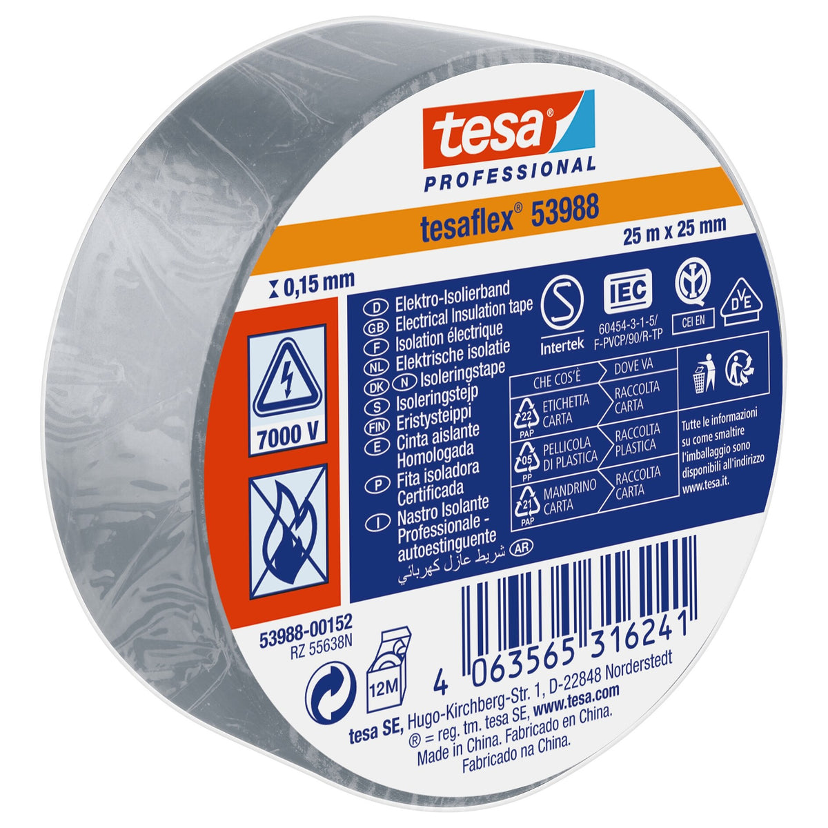 tesa Professional 53988 Isolierband 7000V grau, 25 m x 25 mm