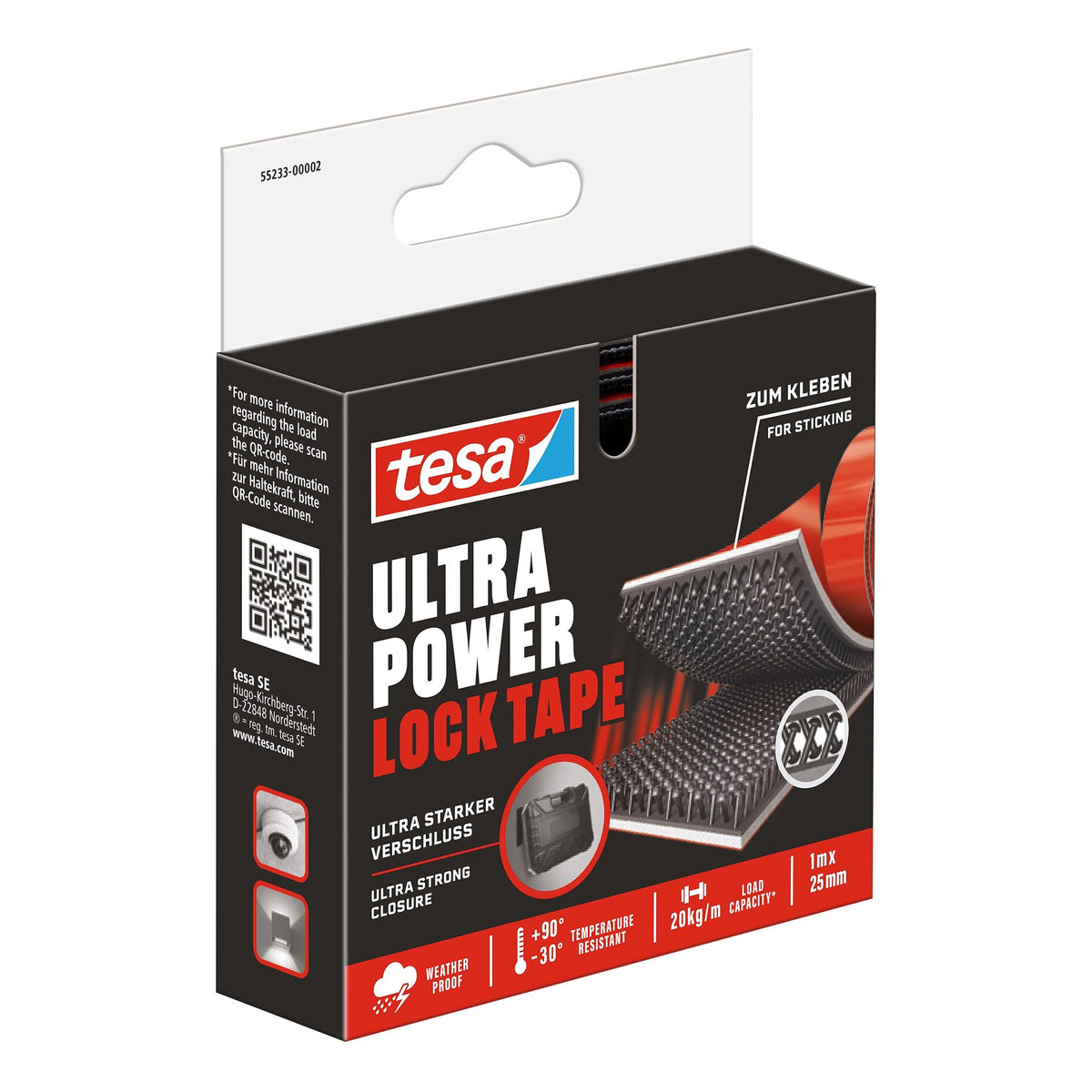 tesa Ultra Power Lock Klettband, 1 m x 25 mm, schwarz