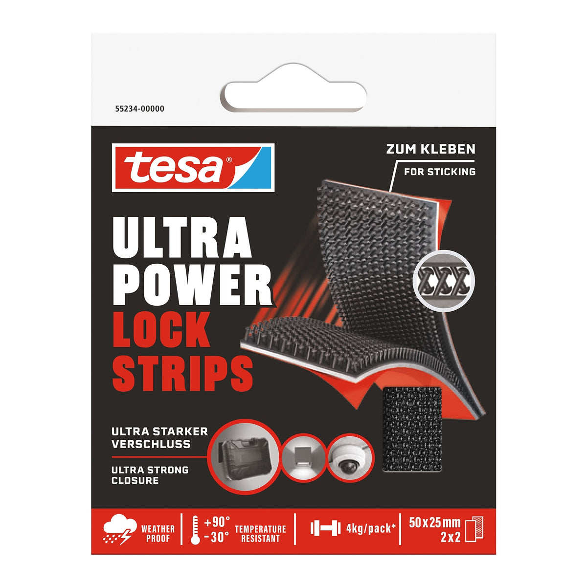 tesa Ultra Power Lock Klettstreifen, 0,2 m x 25 mm, schwarz
