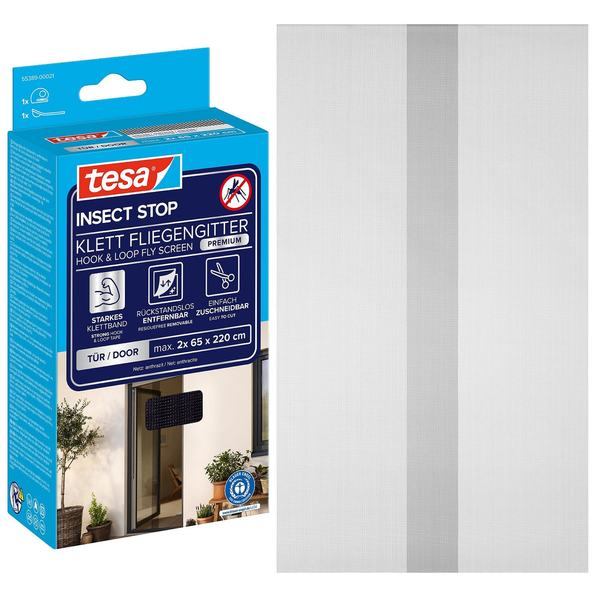 tesa INSECT STOP Klett Fliegengitter Premium für Türen anthrazit, 65 x 200 cm