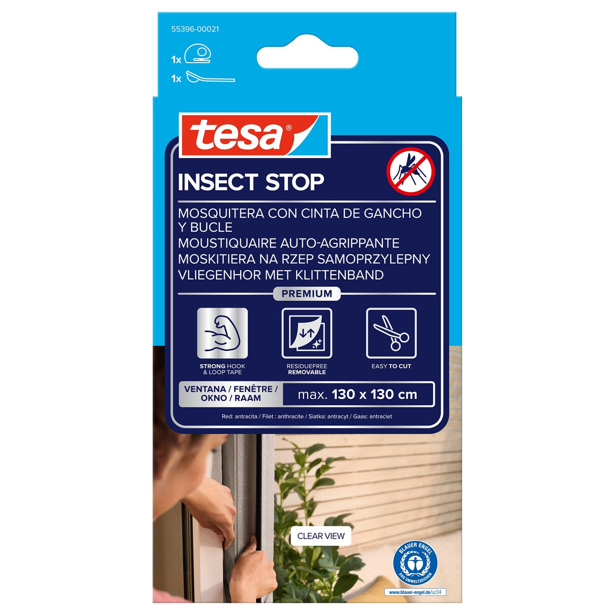 tesa INSECT STOP Klett Fliegengitter Premium für Fenster, anthrazit 130 x 130 cm