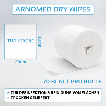 Abgebildet ist eine weiße Rolle ARNOMED DRY WIPES der ARNOWA GmbH. Jede Rolle hat 70 Blätter (30 x 28 cm), perfekt für die Oberflächenreinigung und zum Einweichen mit Desinfektionsmittel.