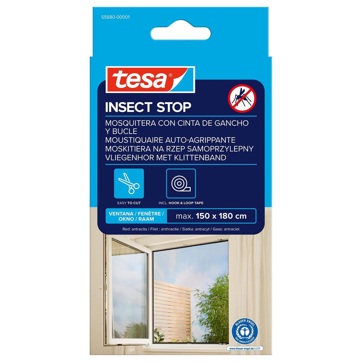 tesa INSECT STOP Klett Fliegengitter für Fenster Standard, anthrazit, 150 x 180 cm