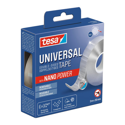 tesa Universal doppelseitiges Klebeband mit Nano Power, transparent 3 m x 30 mm