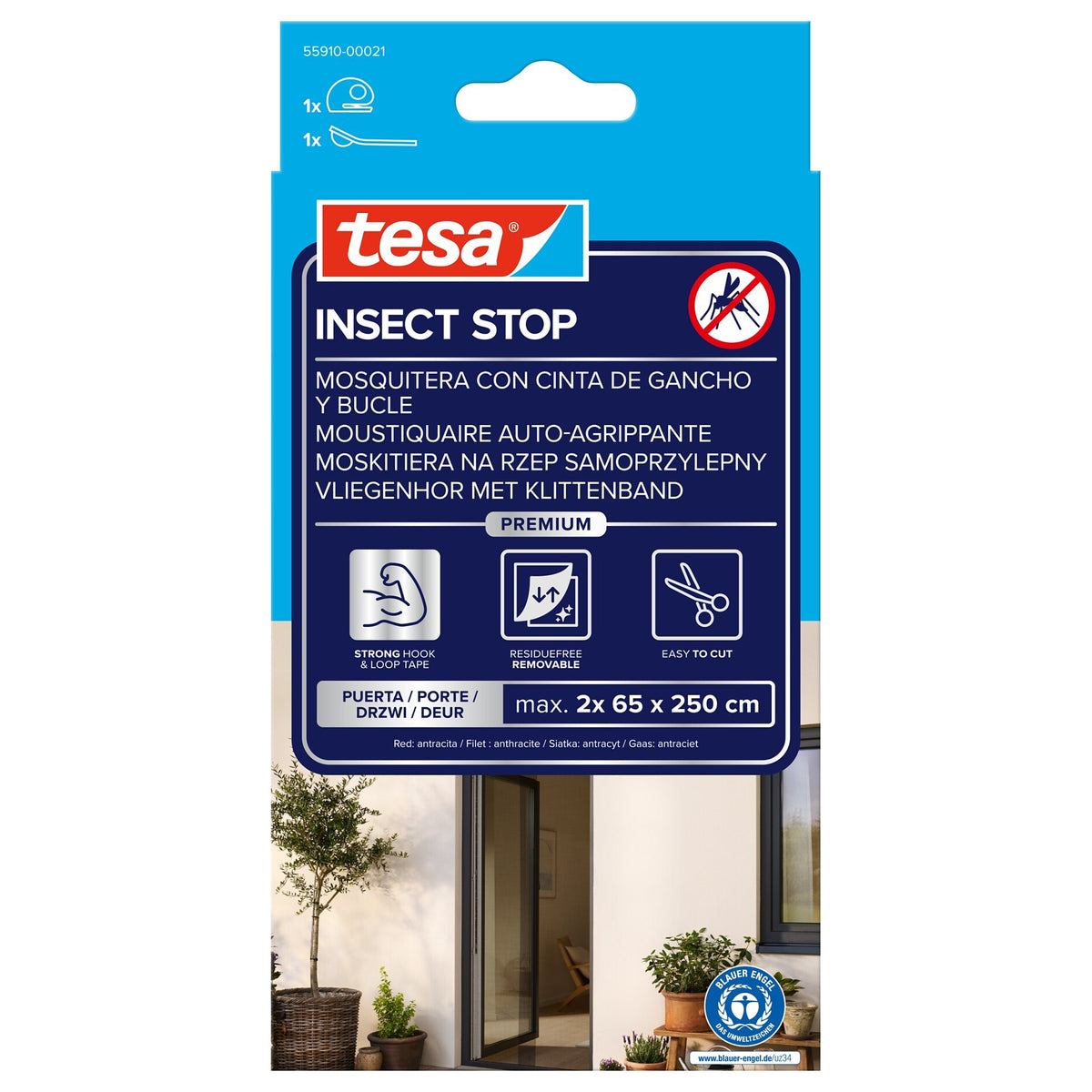 tesa INSECT STOP Klett Fliegengitter Premium für Türen schwarz, 65 x 250 cm