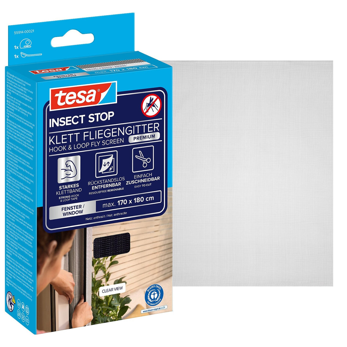 tesa INSECT STOP Klett Fliegengitter Premium für Fenster, anthrazit 170 x 180 cm