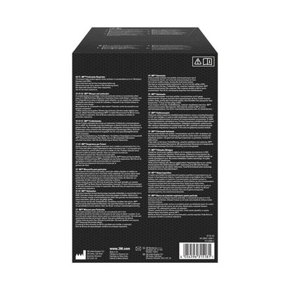 Na tylnej stronie czarnego pudełka maski cząsteczkowej 3M™ 8710E, FFP1 od 3M Deutschland GmbH znajdują się instrukcje i informacje o produkcie w kilku językach, biały tekst w kolumnach, małe symbole i kod kreskowy w prawym dolnym rogu.