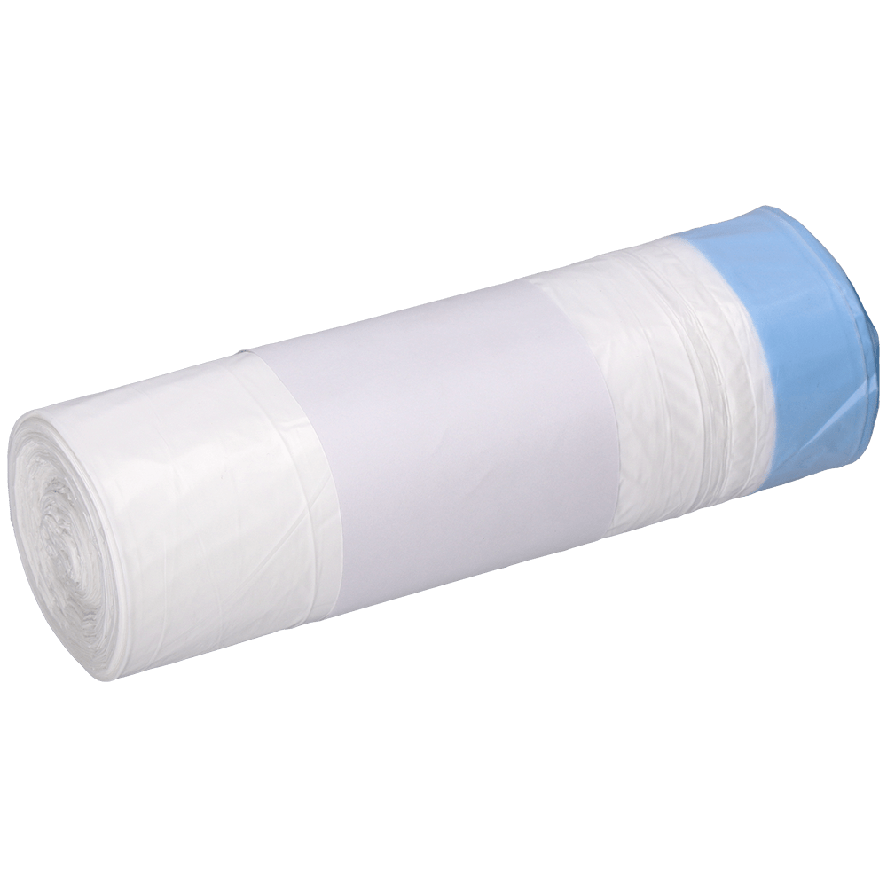 Rolka białych worków na śmieci DEISS 56004 (25 sztuk, 500x600+50x0,015 mm) firmy EMIL DEISS KG (GmbH + Co.), z niebieskim workiem na końcu, jest owinięta w prostą białą etykietę i umieszczona na jasnym tle.