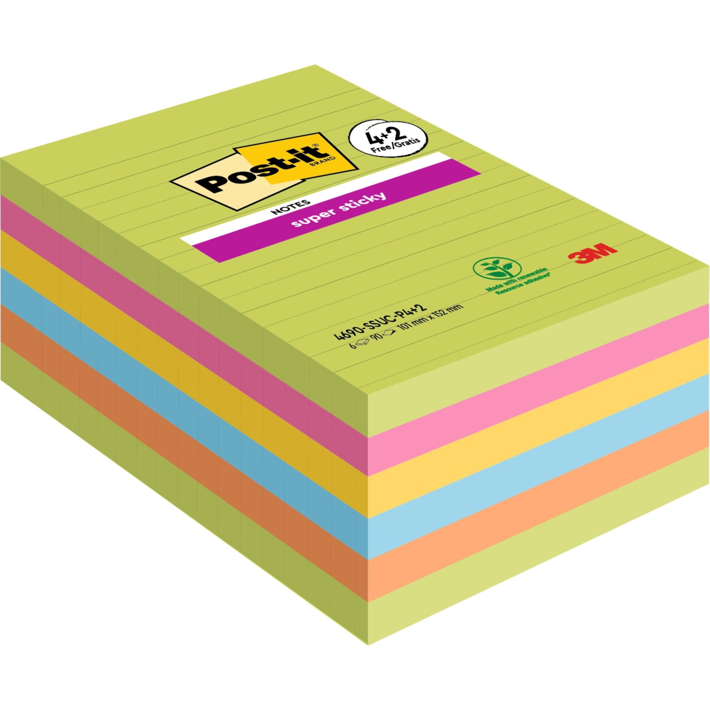 Opakowanie dużych karteczek samoprzylepnych 3M Post-it® Super Sticky, w linie, 101 x 152 mm w różnych kolorach (90 kartek/blok, 4 bloki + 2 gratis), o dużej przyczepności i certyfikowane przez PEFC. Okładka pokazuje linie z logo Post-it i 3M.
