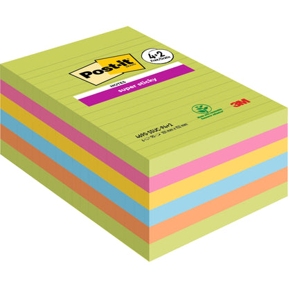 Opakowanie dużych karteczek samoprzylepnych 3M Post-it® Super Sticky, w linie, 101 x 152 mm w różnych kolorach (90 kartek/blok, 4 bloki + 2 gratis), o dużej przyczepności i certyfikowane przez PEFC. Okładka pokazuje linie z logo Post-it i 3M.