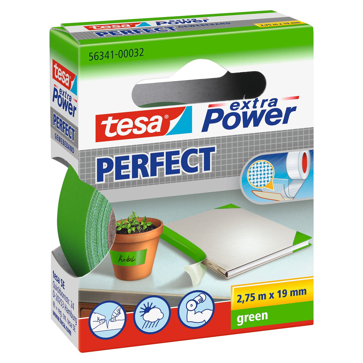 tesa extra Power Perfect Gewebeband grün, 2,75 m x 19 mm