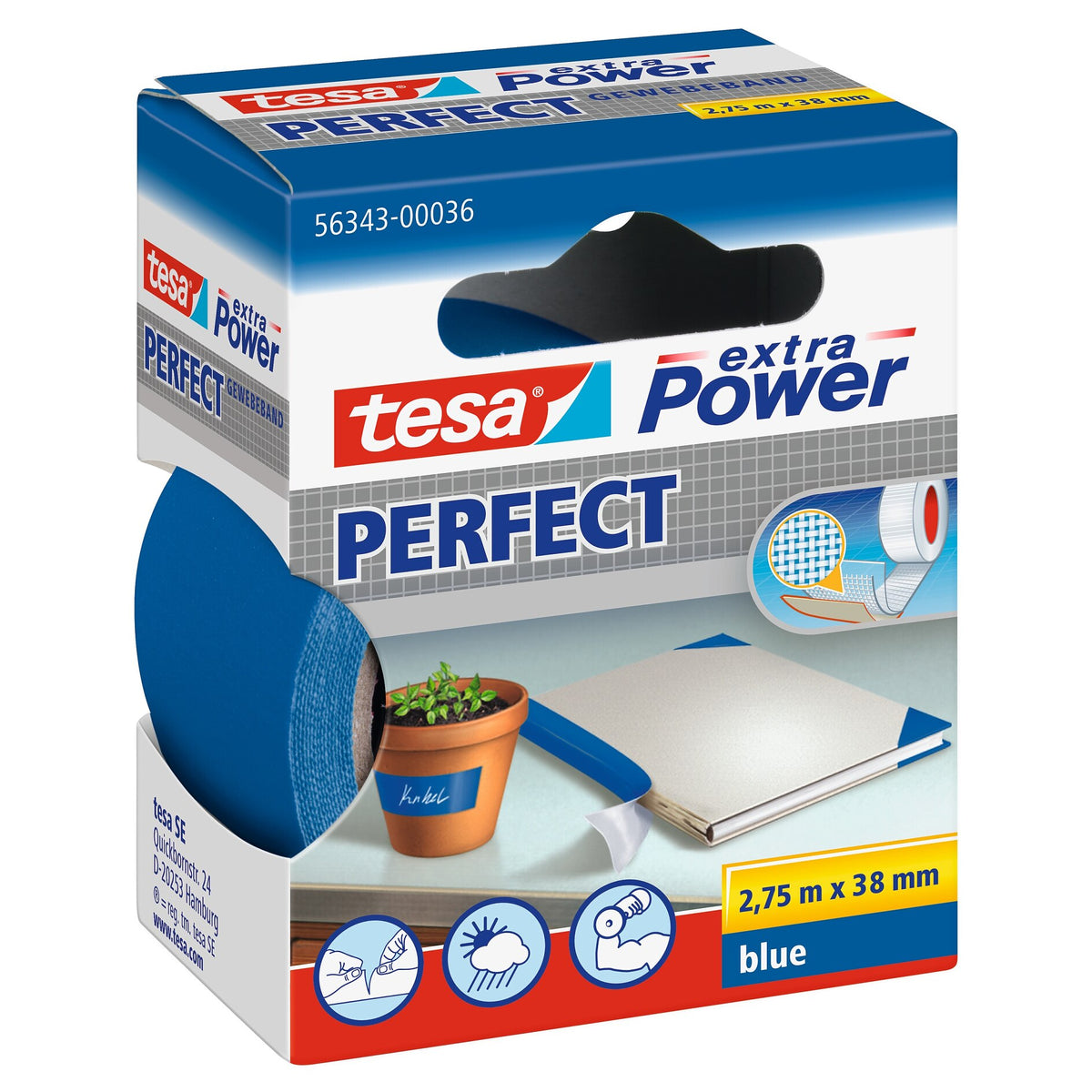 tesa extra Power Perfect Gewebeband blau, 2,75 m x 38 mm