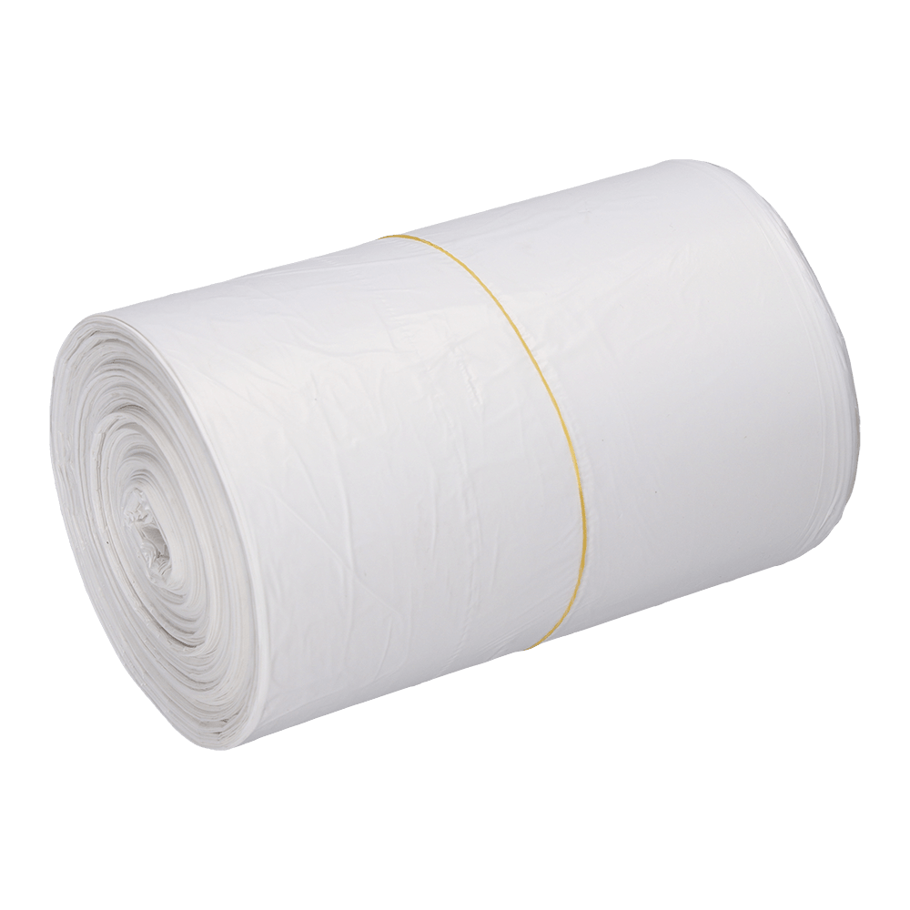 Rolka worków na śmieci EMIL DEISS KG (GmbH + Co.) DEISS 56820 (540x580x0,011 mm, białe) jest ciasno zwinięta i zabezpieczona żółtą gumką na białym tle - idealna do efektywnej utylizacji odpadów.