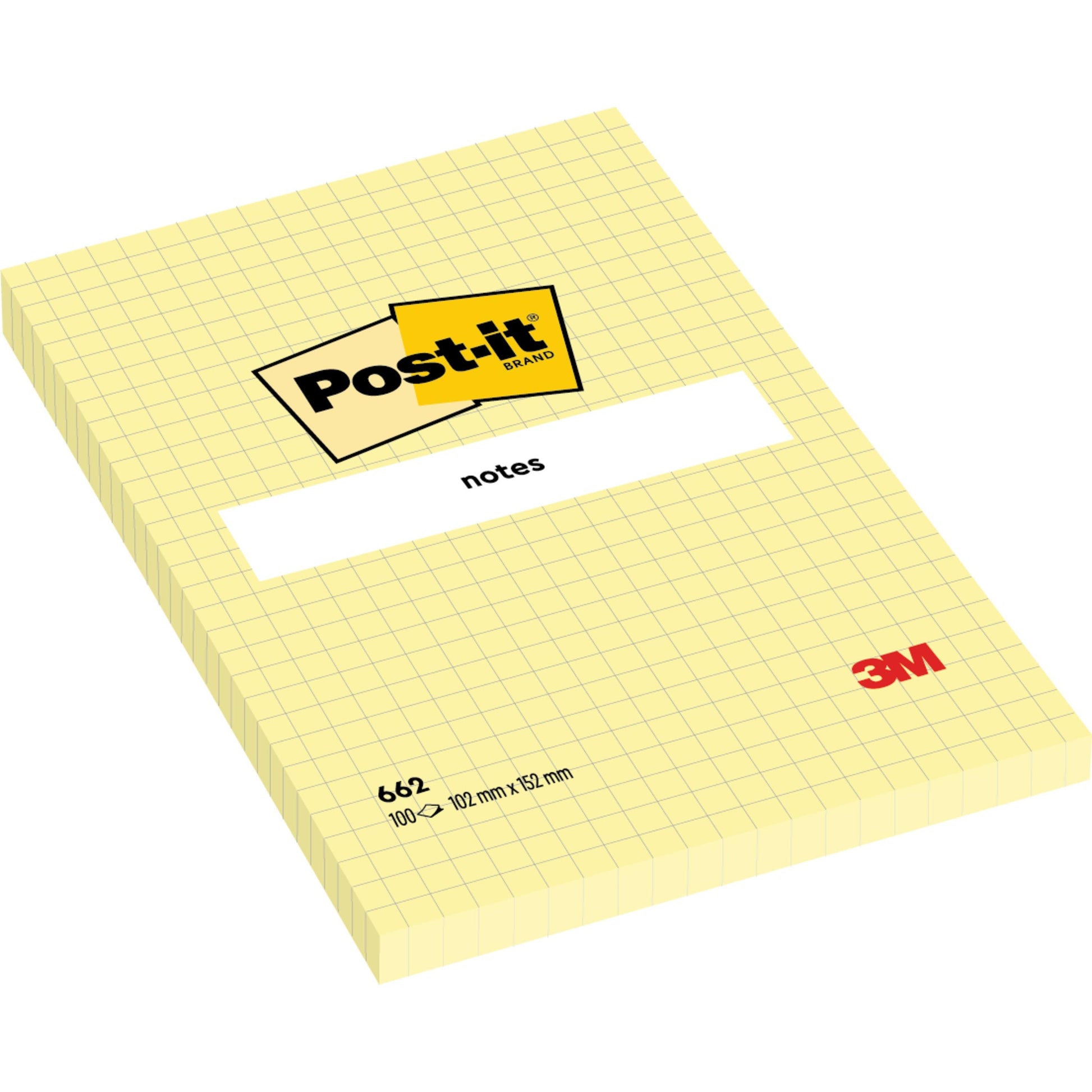 Gelber großformatiger Post-it® Haftnotizblock (101 mm x 152 mm, Raster, 100 Blatt), mit Post-it Logo und 3M Deutschland GmbH Marke. Hergestellt aus 100% PEFC-zertifiziertem Papier.
