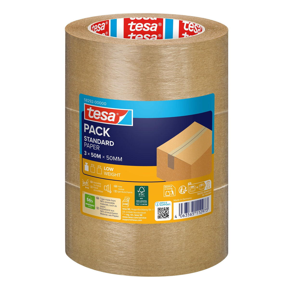 tesapack STANDARD PAPER, chamois, 50 m x 50 mm, 3 Rollen