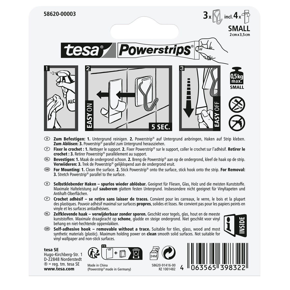 tesa Powerstrips Selbstklebende Haken mit abnehmbaren Drahthaken, transparent