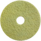 Das Diversey Twister Pad (gelb) von Diversey Deutschland GmbH & Co. OHG ist ein kreisförmiges, gelblich-grünes, abrasives Bodenpad mit zentralem Loch zur Reinigung und Restaurierung von Steinböden, dargestellt von oben vor weißem Hintergrund.