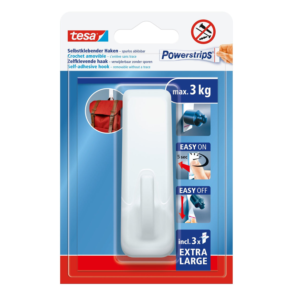 tesa Powerstrips Selbstklebende Haken, XL Eckig, weiß