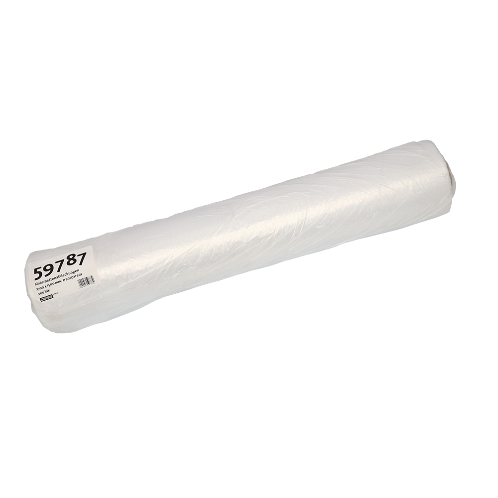 Abgebildet ist eine Rolle EMIL DEISS KG (GmbH + Co.) DEISS 59787 Kinderbettenabdeckungen, 2700x1500 mm transparent, Packung (200 Stück), mit einseitig sichtbarem Produktetikett, auf einfarbig weißem Untergrund.