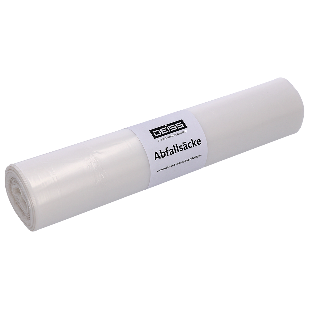 Na zdjęciu znajduje się 50-pak EMIL DEISS KG (GmbH + Co.) DEISS 59903 przezroczystych worków na śmieci (620x750 mm), owiniętych w przezroczysty plastik i oznaczonych napisem "Deiss worki na odpady", na jednolitym białym tle.