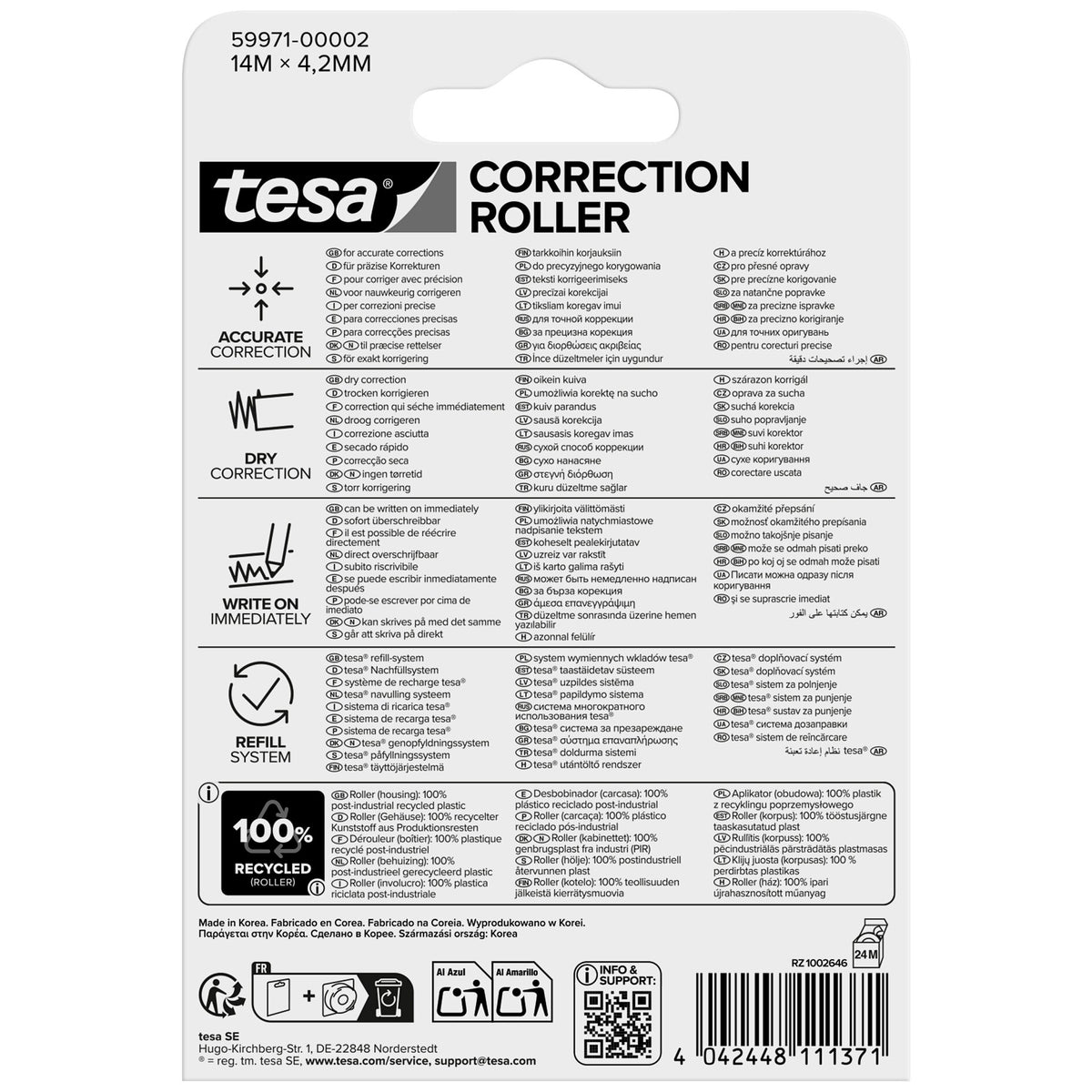tesa CORRECTION ROLLER, biały, w blistrze, 14 m x 4,2 mm