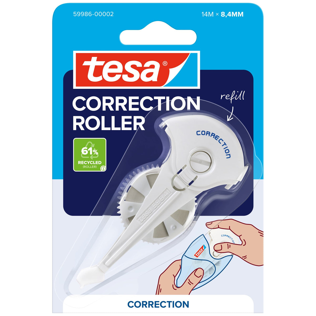 tesa CORRECTION ROLLER, biały, w blistrze, wkład, 14 m x 8,4 mm