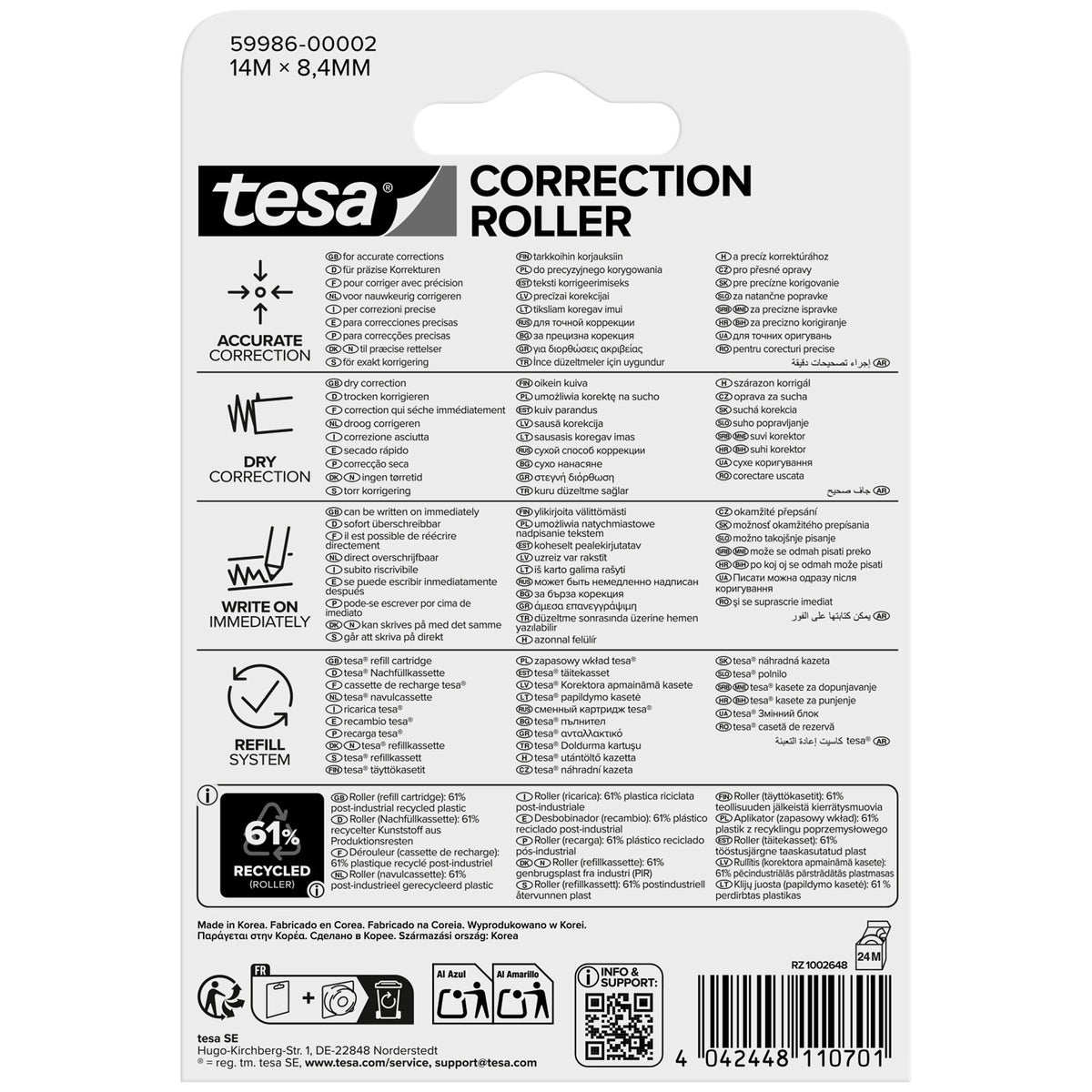 tesa CORRECTION ROLLER, biały, w blistrze, wkład, 14 m x 8,4 mm