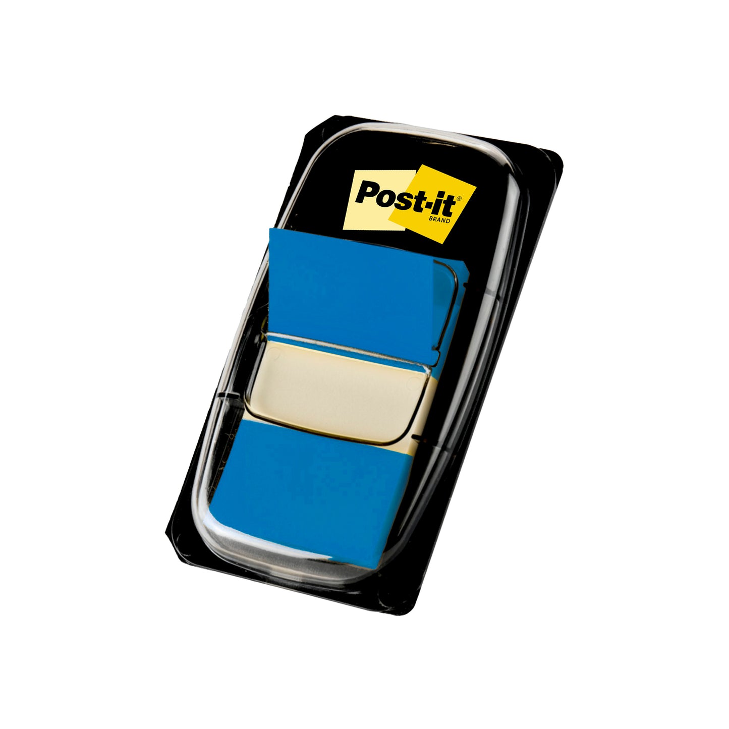 Plastikowy podajnik 3M Deutschland GmbH z indeksowymi paskami samoprzylepnymi Post-it®, standardowy rozmiar (25,4 mm x 43,2 mm), 50 niebieskich chorągiewek na podajnik, z żółtym i czarnym logo Post-it na opakowaniu.