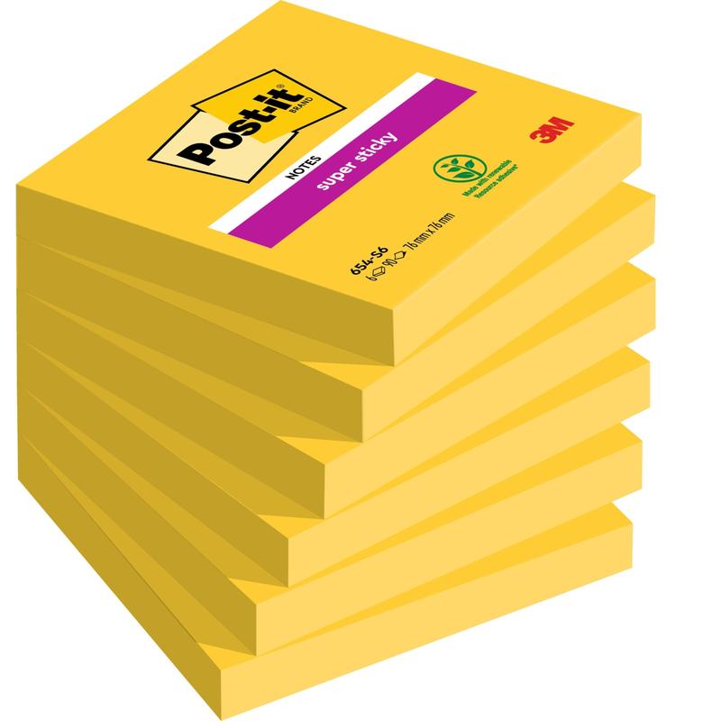 Opakowanie sześciu prostokątnych karteczek Post-it® w kolorze żółtym, 76 x 76 mm, 90 arkuszy na blok od 3M Deutschland GmbH. Górny blok jest oznaczony magentową etykietą "Super Sticky". Wykonane w 100% z papieru certyfikowanego PEFC (SGSCH-PEFC-COC-110078).