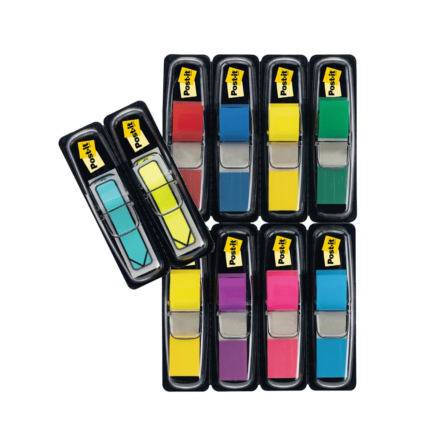 Dziewięć opakowań zakładek indeksujących Post-it® firmy 3M Deutschland GmbH, Mini (11,9 x 43,2 mm, różne kolory), oraz strzałki indeksujące w kolorze niebieskim i żółtym (po 8 dyspenserów + 4 gratis na opakowanie) jest ułożonych na białym tle.