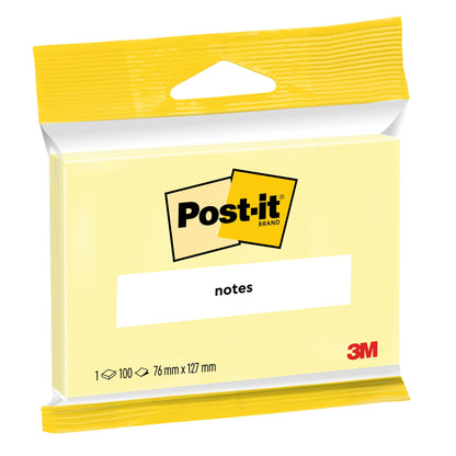 Opakowanie 3M Deutschland GmbH Post-it® Notes, żółte, 76 mm x 127 mm, zawiera 100 kartek/blok w przezroczystym opakowaniu. Kartki są certyfikowane PEFC (SGSCH-PEFC-COC-110078), idealne do użytku biurowego.