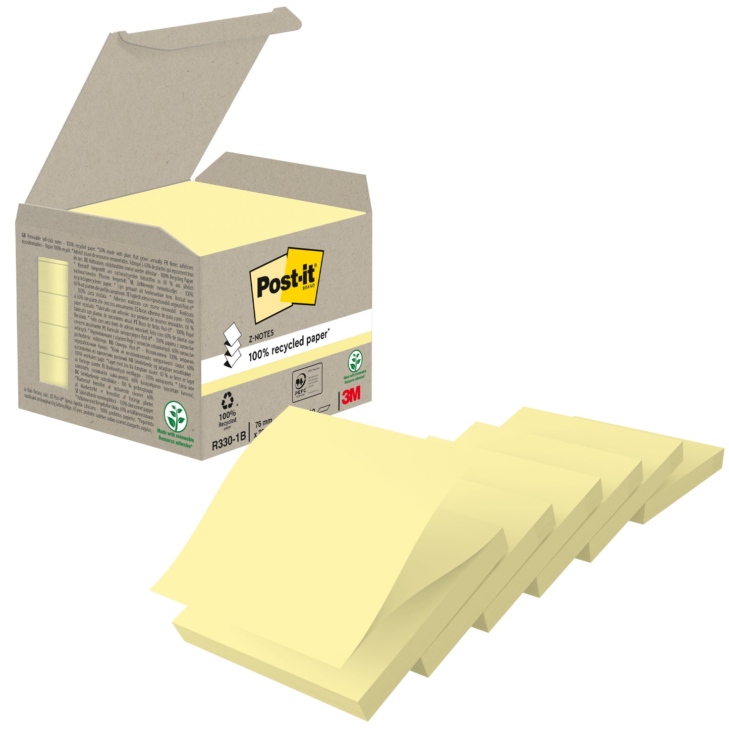 Pudełko z 3M Post-it® Recycling Z-Notes, Żółty, 76x76 mm, 100 arkuszy/blok, 6 bloków/opakowanie (100% PEFC certyfikowane przez SGSCH-PEFC-COC-110078), jest wyposażone w żółte ekologiczne notatki i markę Post-it.