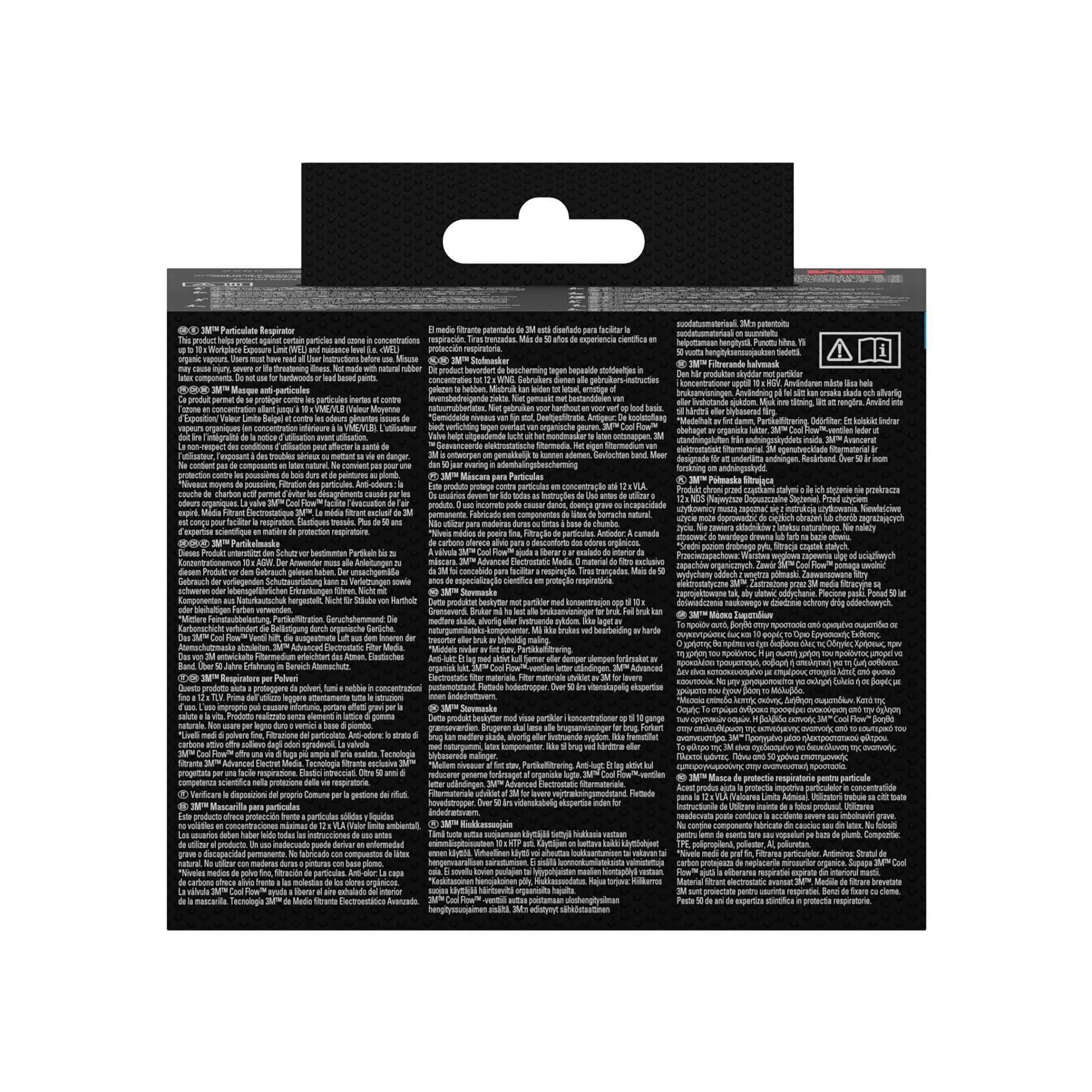 Die Abbildung zeigt die Rückseite einer 3M™ Aura™ Comfort Cool Flow™ Partikelmaske 9332+ (FFP3, mit Ventil) von 3M Deutschland GmbH. Die schwarze Verpackung enthält drei Spalten mit mehrsprachigem weißem Text und eine Aufhängelasche an der Oberseite.