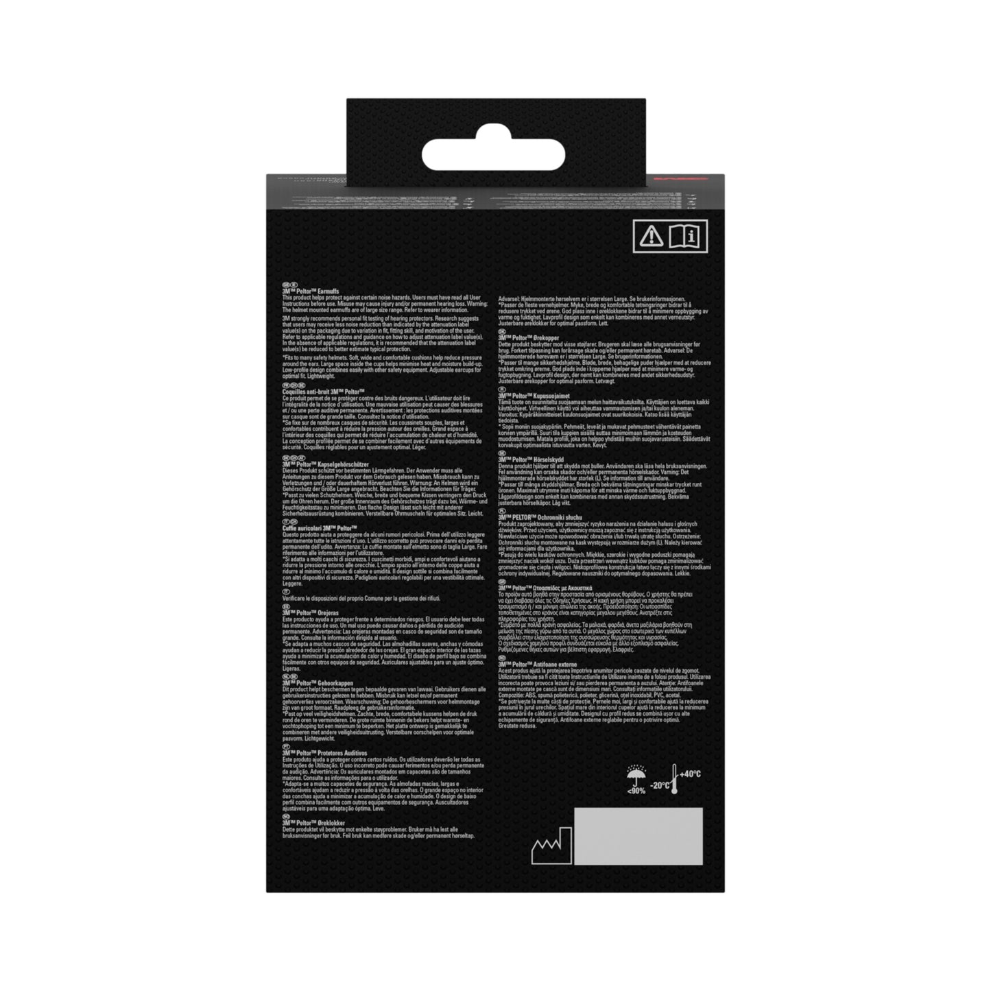 Die Abbildung zeigt die Rückseite einer schwarzen 3M™ PELTOR™ Optime™ I Kapselgehörschutz für Schutzhelm H510P3E Box der 3M Deutschland GmbH, SNR 26 dB, in gelb. Weißer Text in mehreren Sprachen, Sicherheitssymbole und eine Temperaturbereichsgrafik sind sichtbar.