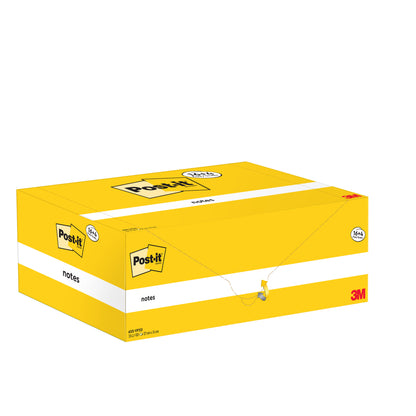 Żółte, prostokątne pudełko karteczek Post-it® Notes od 3M Deutschland GmbH, 76x127mm, 100 kartek na blok, z 16 blokami plus 4 gratis na opakowanie, certyfikowane przez PEFC. Zamknięte pudełko z napisem jest przedstawione na białym tle.