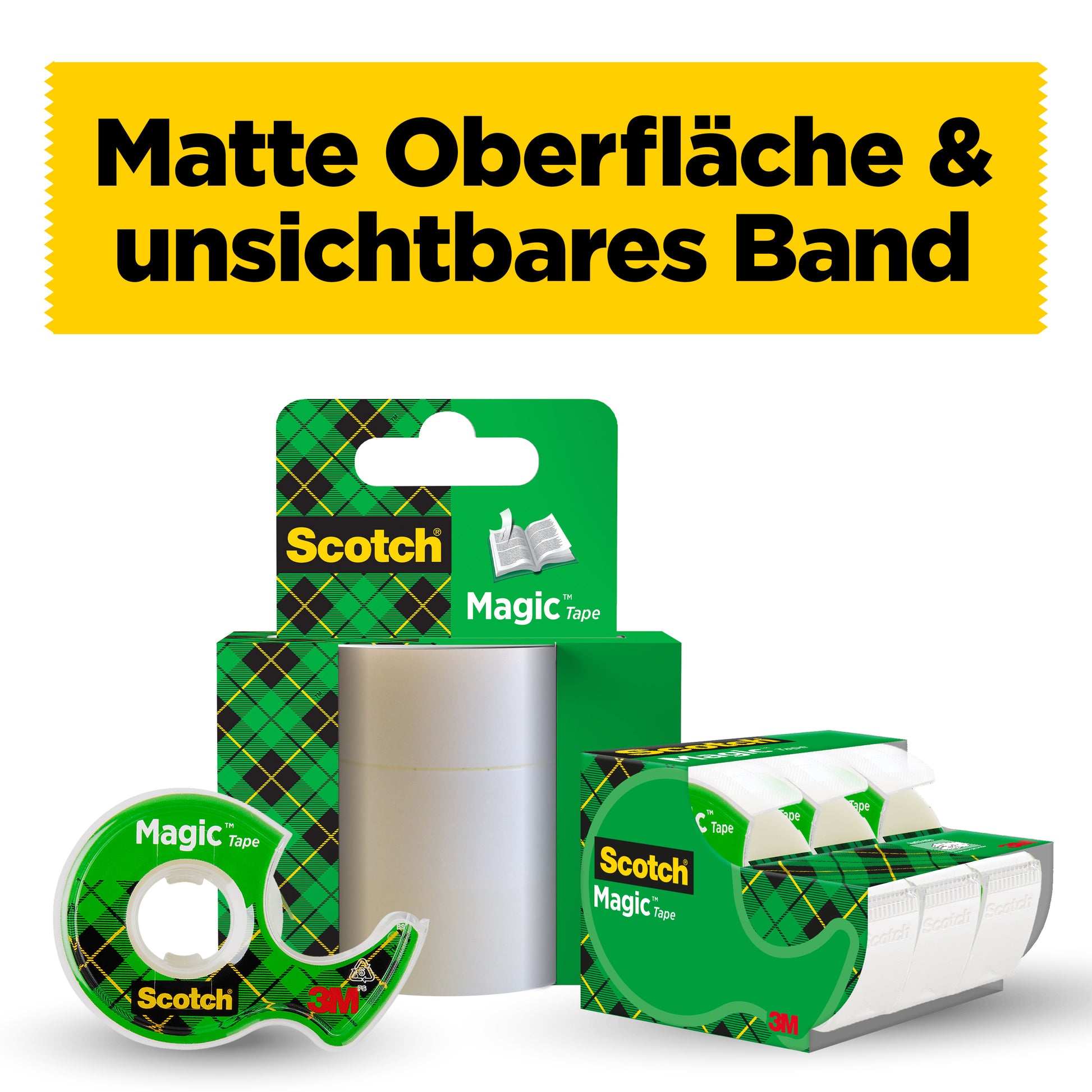 Ein Display mit Scotch® Magic™ Unsichtbares Klebeband (3 x 19 mm x 25 m) der 3M Deutschland GmbH plus 1 kostenloser Spender, in grüner Verpackung, mit einem deutschen Schild "Matte Oberfläche & unsichtbares Band" auf gelbem Hintergrund.