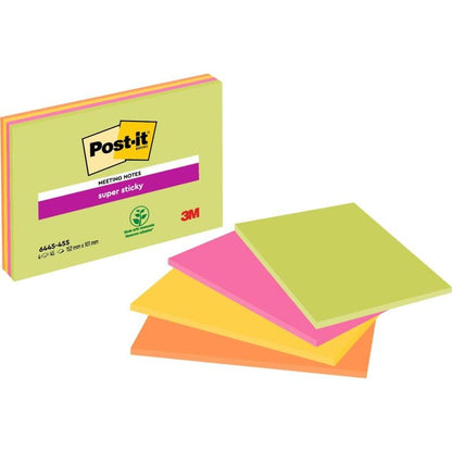 Opakowanie dużych karteczek samoprzylepnych Post-it® Super Sticky Notes od 3M Deutschland GmbH, 4 kwadratowe bloki w różnych kolorach, po 45 arkuszy każdy i 100% certyfikowane przez PEFC.