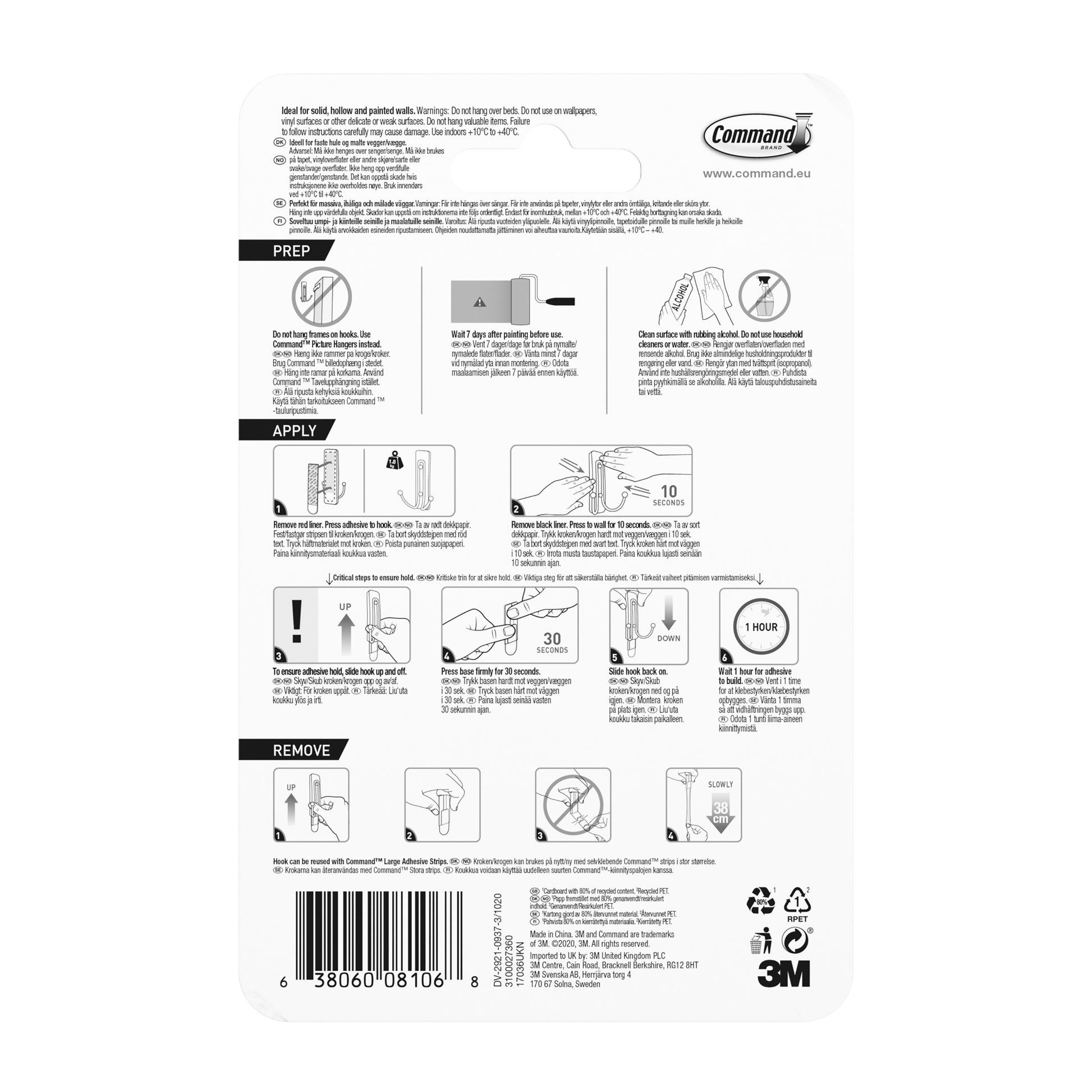 Die Rückseite von Command™ Großer Badezimmer-Doppelhaken Nickel satiniert (1 Haken, 2 große Strips) von 3M Deutschland GmbH zeigt bebilderte Anleitungen zur Verwendung, Entfernung, Sicherheitswarnungen, Recycling-Informationen in Englisch und anderen Sprachen.